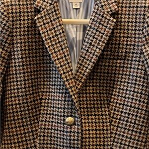 J.Crew Houndstooth Blazer Sz 6 camel brown navy gold crest buttons